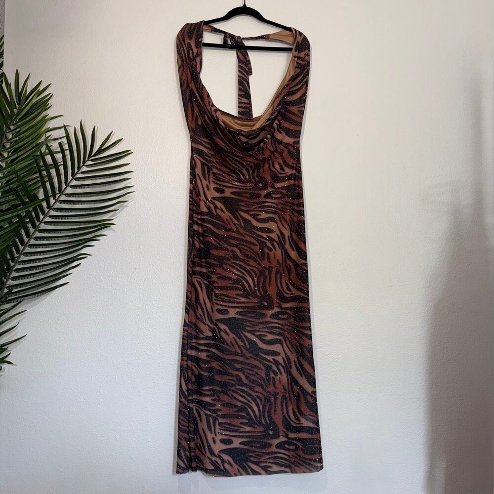 Y2K Aesthetic Brown Zebra Print Halter‎ Maxi Dress - Size Large